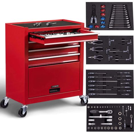 Arebos – Servante d'atelier 4 tiroirs avec 81 outils – Acier robuste – Roulettes avec frein – Verrouillage de sécurité – Grand compartiment de rangement