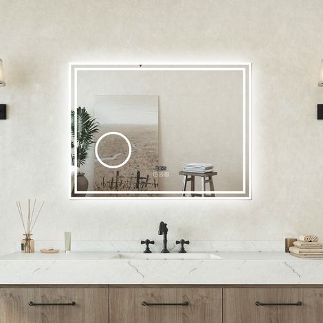 AVER-GROWTH 80x60cm Bathroom LED Mirror with Bluetooth Speaker, 3 Colors Adjustable, Demister Pad Anti-fog, Magnifying, Clock, Touch Switch,IP44