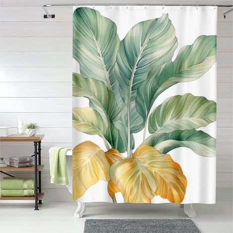 Rideau de douche motif feuilles larges, œillets plastique, anti-moisissure (1/5)