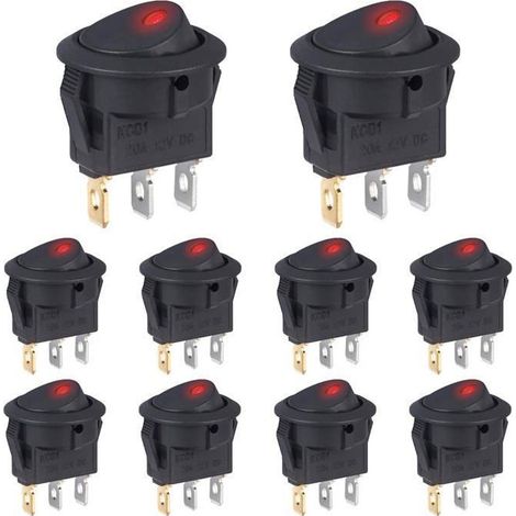 10 pcs Interrupteur 12V 20A Voyant Lumineux LED Rouge Interrupteurs à Bascule Rond 12 Volts ON/OFF 2Positions Marche/Arret 3Broches (1/5)