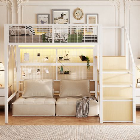 Lit superposé en métal 140x200 cm, haute couchette pour enfants et ados, échelle avec rangement, penderie ouverte, bandes LED pilotables par APP, blanc. (1/5)