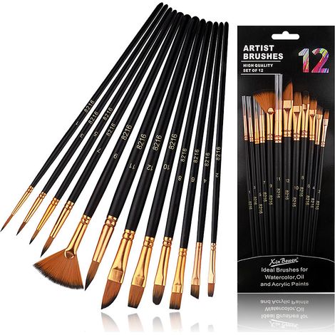 Lot de 12 Pinceaux Peinture Acrylique, Pinceau de Peinture à l'huile Nylon Art Pinceaux Brosse de Peinture pour Les Peintures Acryliques, Aquarelles débutants Artistes (1/5)