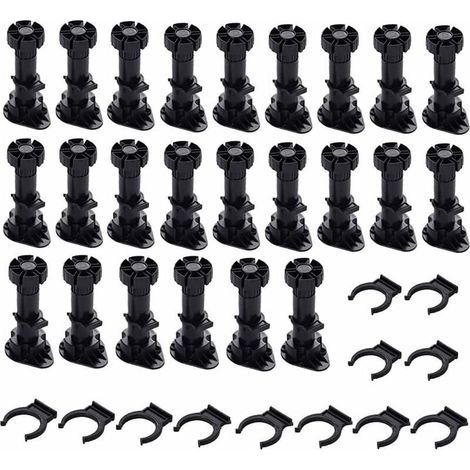 24 Pièces Pieds D'Armoire Plastique,Pied Réglable pour Meuble,Noir avec Clip Fixation Base pour Meubles de Cuisine,Armoire et Canapé(80mm-100mm) (1/5)