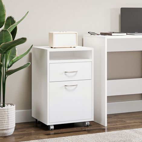 Armoire à dossiers avec tiroir - meuble vertical pour étude 40x35x60 cm frein - pour formats A4/lettres - armoire et étagère ouverte - blanc (1/4)