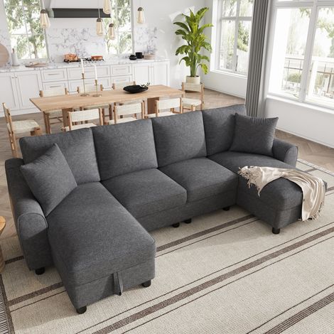 Canapé en U 280/137/84 cm gris en chenille avec rangement et 2 coussins (1/5)