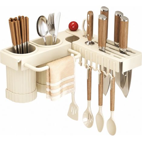 Porte-couteaux mural, tube à baguettes sans perçage, tasse double crème, acier au carbone, étagère de rangement pour la cuisine (1/4)