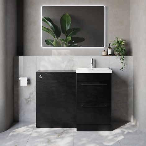 Napoli 390 Cento Nero Oak 1100mm 2 Drawer Vanity Unit Toilet Suite with Glide Basin - 1100mm - Chrome 320mm HandleWithout Kingston Toilet Pan