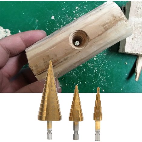 3 forets coniques étagés en acier rapide 312/4×12/20 mm, queue hexagonale. (1/5)