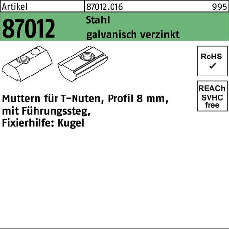 ART 87012 Muttern für T-Nuten St. gal Zn 8 mm, M 6, Führungssteg, Feder gal Zn K 100 Stk (1/2)