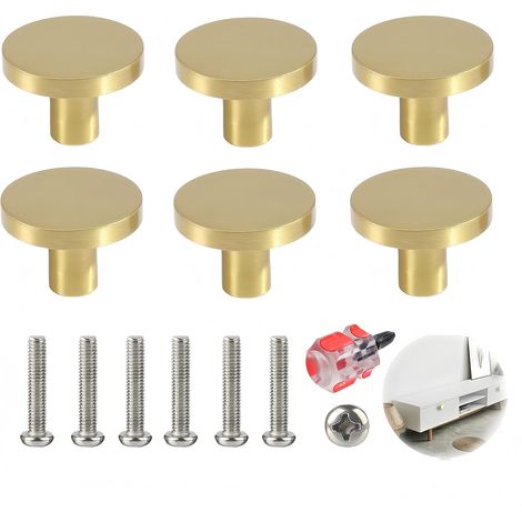 6 Pièces Boutons de Tiroir en Inox Doré, Boutons de Armoire Ronds en Or pour Meubles et Armoires, Design Élégant et Moderne, Inclus Tournevis pour Installation Facile pour Cuisine et Chambre, 20x25 mm