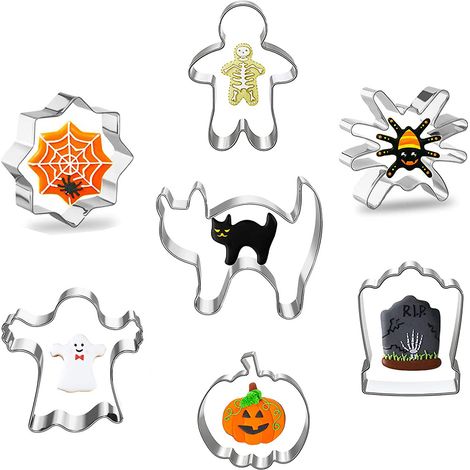Ensemble de 7 moules à biscuits Halloween en acier inoxydable : formes citrouille, fantôme, sorcière, chat et chauve-souris pour pâtisserie maison (1/5)