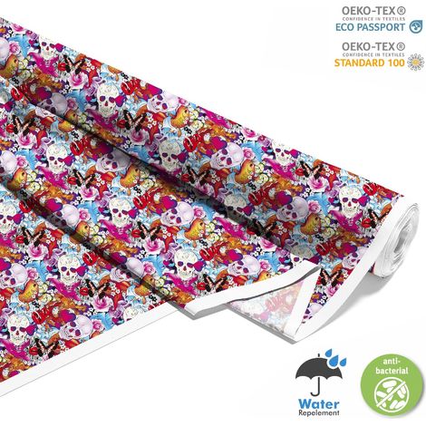 TESSUTI DECORATIVI PER ESTERNI OXFORD - Motivo Teschio Farfalle Cuore Fiori (1/5)