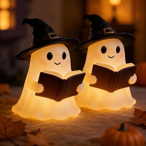 Lot de 2 Veilleuse fantôme Halloween – Figurine 3D en résine, fantôme lisant un livre – Lampe de bibliothèque USB – Décoration amusante pour chambre et bureau (1/5)