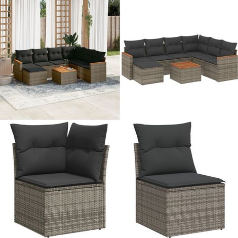 Salon de jardin 8 pcs avec coussins gris résine tressée - Ensemble Salon De Jardin - Mobilier De Jardin - Canapé Extérieur - Chaise Extérieure - Table Basse Jardin - Home & Living (1/5)
