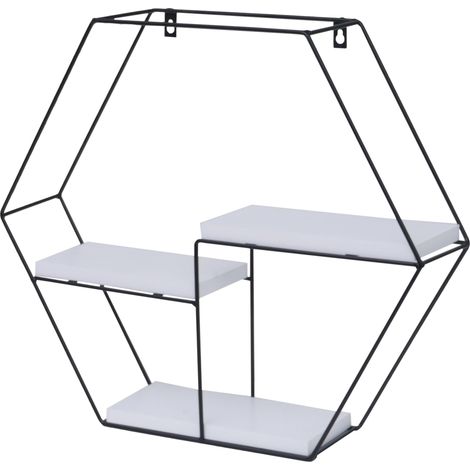 Scaffale mensola portaoggetti pensile 3 ripiani HHG-608 esagonale 43x49x11cm ferro verniciato legno bianco