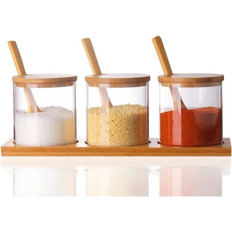 Lot de 3 Bocaux en Verre avec Cuillère - Conservation Aliments, Épices, Thé/Café/Sel, Couvercle Étanche (1/5)