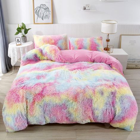 Parure de lit 3 pièces Arc-en-Ciel pour Fille, Housse de Couette à Poils Longs Ultra Douce en Peluche avec taie d'oreiller, Teinture par nœuds colorée, Fermeture éclair dissimulée Rose (1/5)
