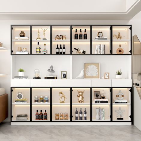 Vitrine mit 12 Glastüren und 6 Schubladen – 240 x 36 x 200 cm – LED-Beleuchtung – Spanplatte – Weiß