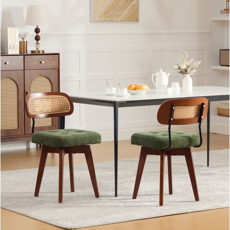 2er-Set 360° drehbare Esszimmerstühle aus grüner Chenille mit geflochtener Rattanlehne (1/5)