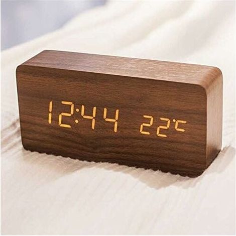 Orologio in legno a LED FOREHILL, orologio elettronico in legno, luminoso, silenzioso, display della temperatura, doppio display, ET010, rettangolare, marrone, luce bianca (1/5)