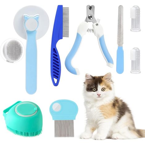 Kit de toilettage pour chat (8 pièces) : coupe-griffes et lime, peigne anti-puces, brosse de bain pour shampoing, brosse de démêlage/élimination des poils morts, brosse à dents en silicone (Bleu) (1/5)