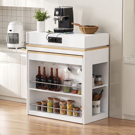 Kücheninsel mit ausziehbarem Tisch – 83-146,5x46x96 cm – Bartheke mit Steckdosen und Stauraum – Weiß