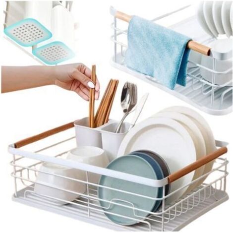 Égouttoir à vaisselle sur pied blanc pour évier, assiettes et couverts, avec plateau amovible, métal et plastique (1/5)