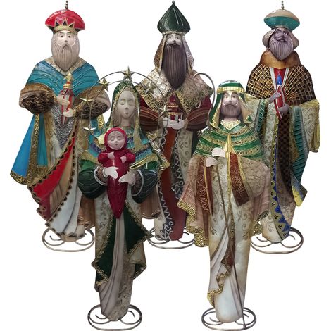 Presepe Sacra Famiglia 5 Pezzi in Metallo/latta Decorato a Mano Natività Alta 63 cm con Re Magi, Maria, Giuseppe e Gesù Bambino – – Statua Natalizia Artigianale