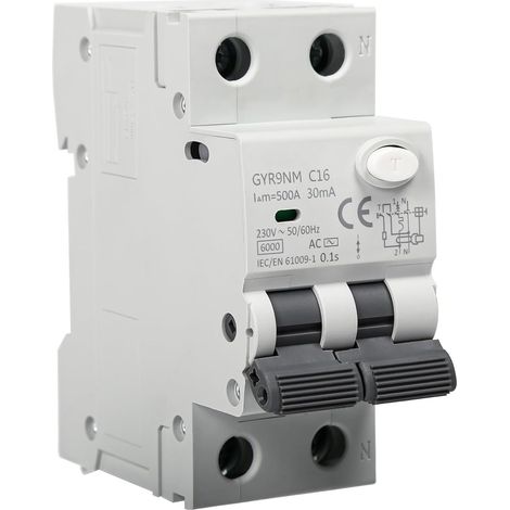 16A Disjoncteur différentiel 30ma 1P+N Interrupteur Différentiel RCBO 6KA AC 220V avec protection contre les courants de fuite, les surcharges et les courts circuits. (1/5)