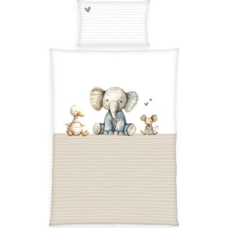 Ensemble de literie pour Enfants en Bas âge, Motif réversible, Housse de Couette 100 x 135 cm, taie d'oreiller 40 x 60 cm, 100% Coton/renforcé, Blanc/Beige (1/5)
