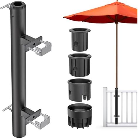 Dolibest Supports de Parasol Terrasse, Pied Parasol Pince Fixation RéGlable Balcon Parasol Jardin Conception Peu Encombrante Manchon 3 Tailles pour Perche 3-5cm, Max 5.6x5.3cm Poteau Garde-Corps/Noir