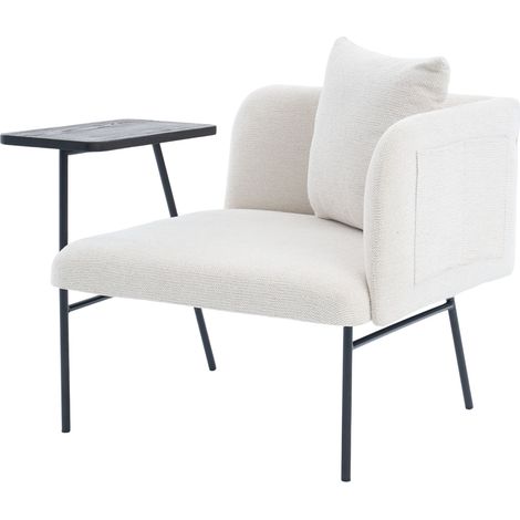 Sillón individual moderno de chenilla beige con mesa auxiliar lateral y bolsillos de almacenamiento (1/5)