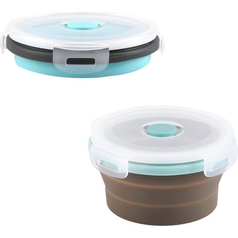 2 x Collapsible Dog Bowls 350ml Silicone Collapsible Dog Bowl with Lids Portable Expandable for Pets for Walking Kennels Camping (12 x 12 x 3 cm) (Grey, Blue) (1/5)
