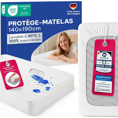 Protège-Matelas imperméable 140x190 cm -Certifié Oeko-Tex - Imperméable - sans froissement - Protection Respirante Contre l'humidité (1/5)