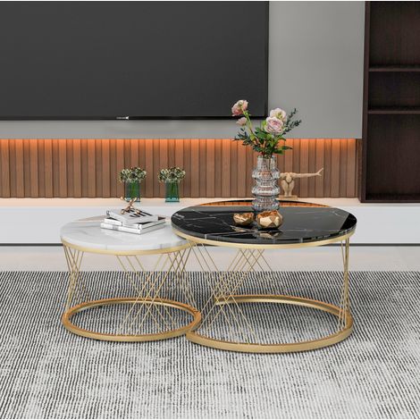 Set di 2 tavolini da salotto impilabili 70x70x45 cm MDF nero e bianco FloraGrace (1/5)