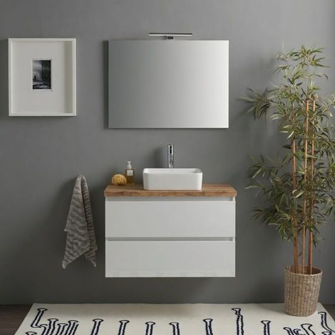 Mobile Bagno Sospeso 80Cm Bianco Lucido Top Rovere Naturale, Specchio E Lampada Benaco