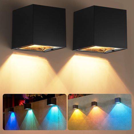 Lampe Solaire Exterieur Murale, 2Pack Lampe Murale Solaire de Jardin avec Modes Blanc Chaud/RVB,Applique Murale Étanche IP65 Lampes Solaires Lampe de Clôture pour Clôture Patio Jardin Terrasse (1/5)