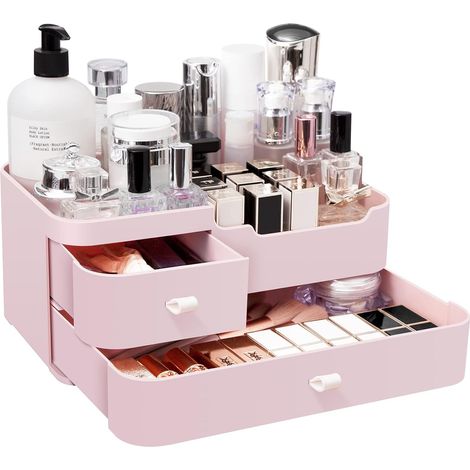 Boîte de rangement pour maquillage, organisateur de tiroir cosmétique : boîte de rangement pour produits de beauté pour salle de bain - Organisateur cosmétique de 28 x 18 x 14,5 cm, rose (1/5)