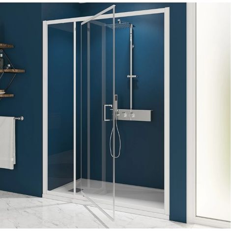 [JAMAIS UTILISE] Paroi de Douche KINEDO Smart Express Porte Pivotante + 1 Fixe Réversible 120x190cm Verre Transparent Blanc - PA1905BTNE (1/2)