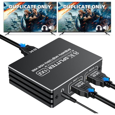 Splitter HDMI 2 Sorties 1 Entrée, Répartiteur HDMI 2.1 4K 120Hz Repartiteur 8K 60Hz 1x2 avec Audio, Splitters pour Dual Moniteurs HDCP 2.3 HDR EDID Latence Zéro pour PC/TV (1/5)