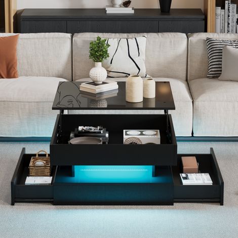 Table basse 65x65x38,5 cm en noir, table d'appoint avec rangement caché, finition laquée brillante, bande LED intégrée, 2 tiroirs, design géométrique, meuble salon moderne pour canapé (1/5)