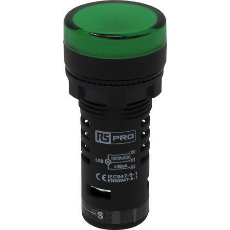 Voyant lumineux complet avec circuit de test LED RS PRO Vert 110V c.a. / V c.c., Ø découpe 22mm, Montage panneau, IP65 ( Prix pour 1 ) (1/4)