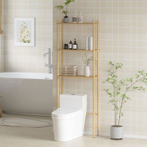 Estantería de baño de 3 niveles para colocar sobre el inodoro, estante de almacenamiento de bambú que ahorra espacio, mueble de lavandería para colocar sobre la lavadora con patas ajustables, color na