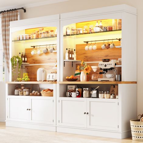 Ensemble buffet et enfilade blanc, 2 armoires hautes avec éclairage LED, étagère verre et barre suspension, charge 60 kg, 107×43×184 cm (1/5)