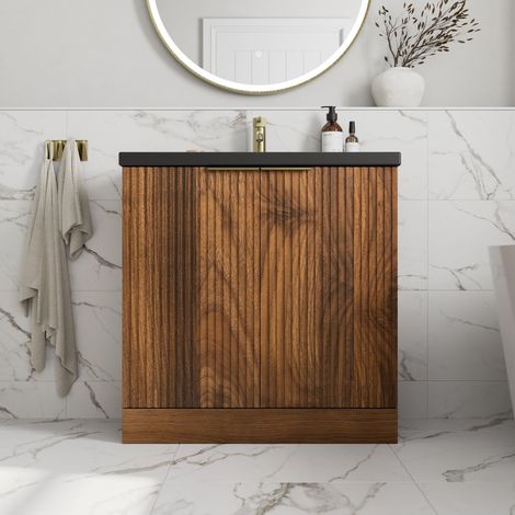 Fluted 800mm Bathroom Vanity Unit Basin Floorstanding Cupboard Soft Close Walnut (1/5)