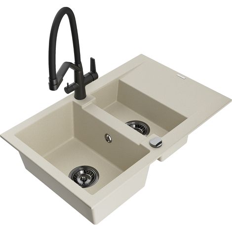 Mexen Gaspar évier en granit 1,5-bac avec égouttoir et robinet de cuisine Duo, beige - 6507-69-671701-70-B (1/5)