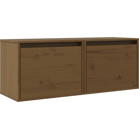 Lot de 2 armoires murales décoratives bois de pin massif 45 x 30 x 35 cm style moderne en bois marron miel (1/5)