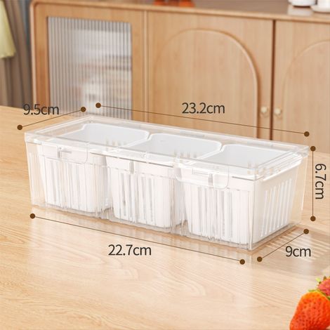 Durchsichtiger Obst- und Gemüsebehälter mit 3 Fächern und Abtropfkörben, stapelbare Kühlschrank-Aufbewahrungsbox mit luftdichtem Deckel für separate Lebensmittelaufbewahrung. (1/5)