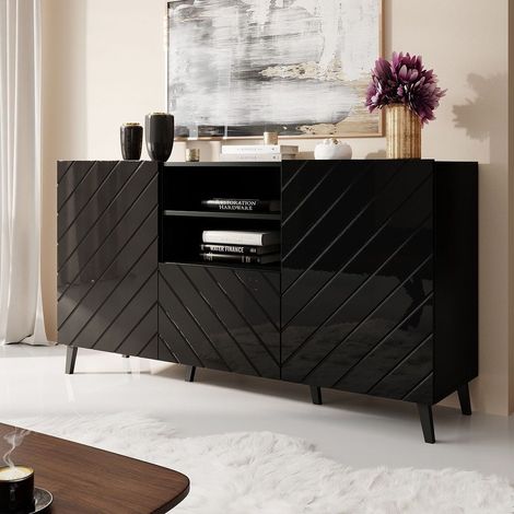 Buffet design noir brillant 150 cm Yaka (1/4)