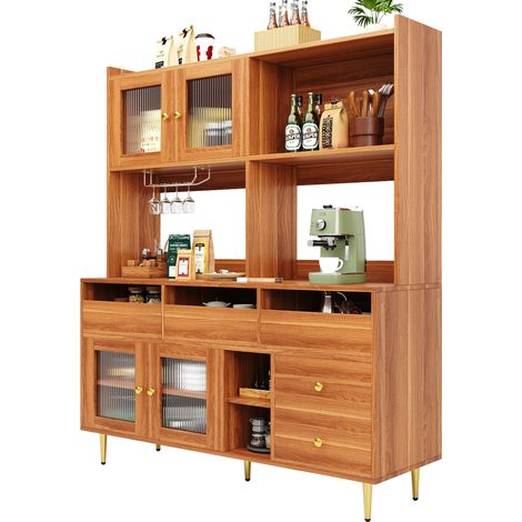 Credenza Alta da Cucina con Vani Aperti, Anta in Vetro Cannelato e Portabottiglie, in MDF, 145 x 39 x 171 cm (1/5)